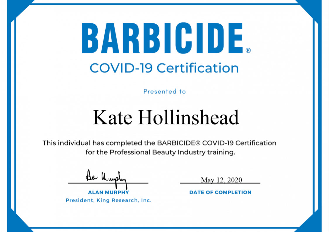 COVID-19 Barbicide certificate.